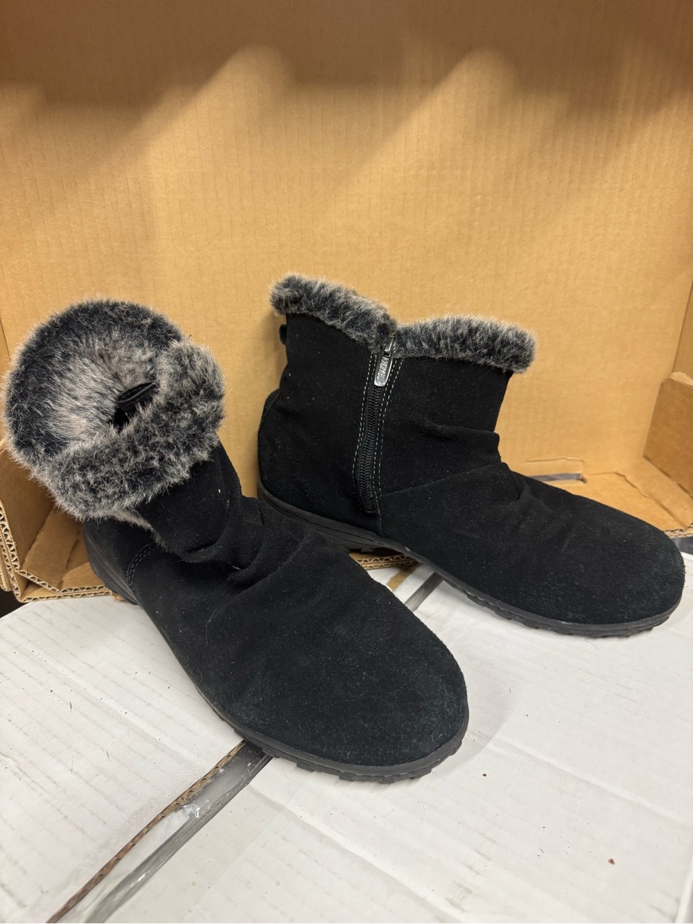 Women's Black Faux-Fur Trim Suede Leather Ankle Boots